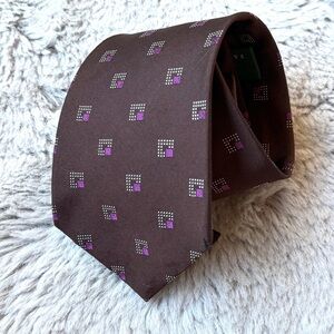 Ralph Lauren‎ Lauren Brown Silk Tie Purple Silver Geometric Square Pattern USA